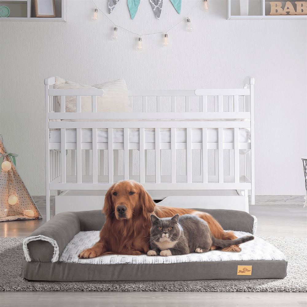 L - shape Pet Calming Bed Chaise Sofa Kennel Mat with Removable Plush CoverDog BedBravo Pets
