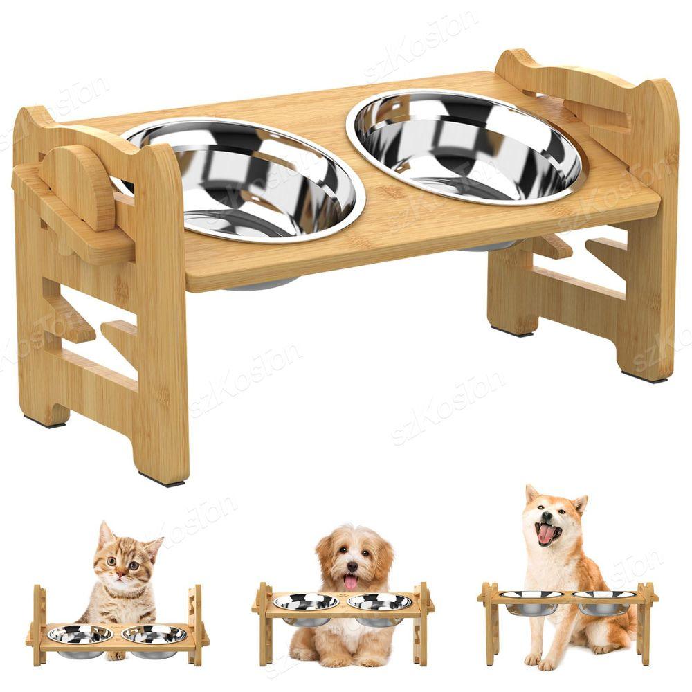 Adjustable Bamboo Elevated Dog Bowls with Stainless Steel Food BowlsPet Food/Water BowlBravo Pets
