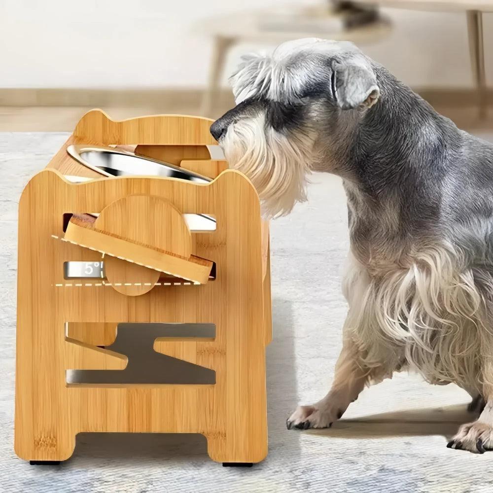 Adjustable Bamboo Elevated Dog Bowls with Stainless Steel Food BowlsPet Food/Water BowlBravo Pets