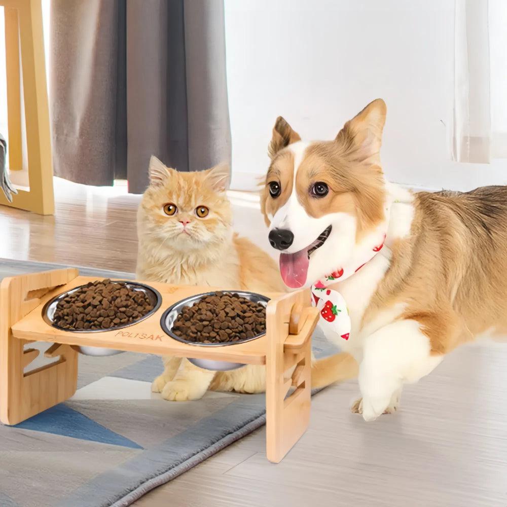 Adjustable Bamboo Elevated Dog Bowls with Stainless Steel Food BowlsPet Food/Water BowlBravo Pets